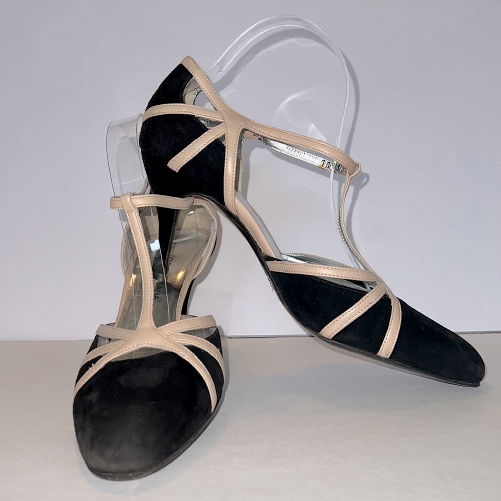 DOLCE AND GABBANA T-STRAP HEELS SZ 39 BLACK SUEDE CREAM SMOOTH LEATHER LUXURY